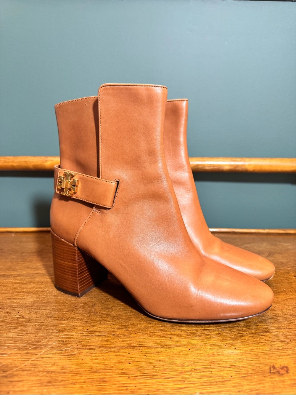 Tory Burch Cognac Leather Ankle Boots with Gold Logo Accent